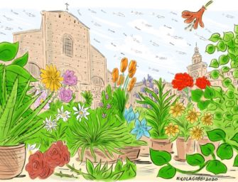 Sardine in piazza Maggiore con piante e fiori