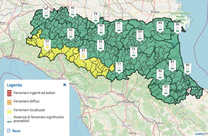 La mappa dell'allerta meteo gialla per neve in Emilia-Romagna relativa a venerdì 6 febbraio 2026