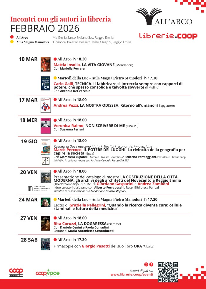 Il calendario degli eventi di febbraio alla libreria all'Arco di Reggio Emilia