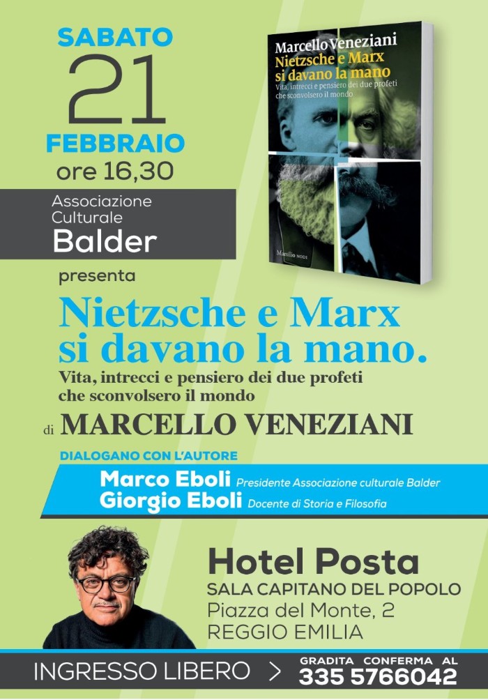 La locandina della presentazione del libro "Nietzsche e Marx si davano la mano" a Reggio Emilia