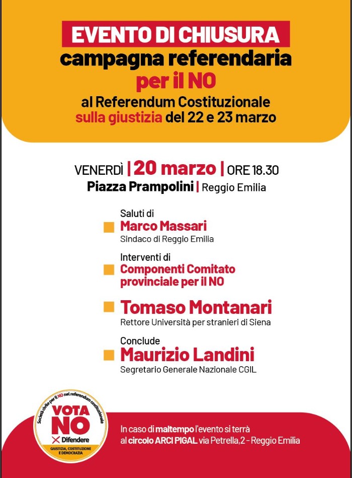 Locandina dell'evento di chiusura della campagna referendaria per il no a Reggio Emilia