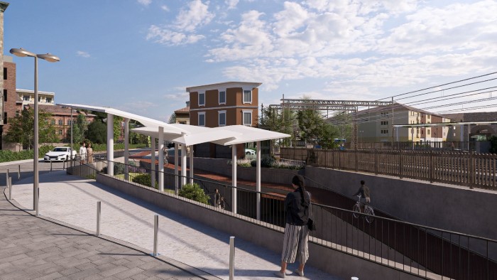 Progetto di riqualificazione di Porta Santa Croce a Reggio Emilia: rendering dell'ingresso al sottopasso da via Ramazzini