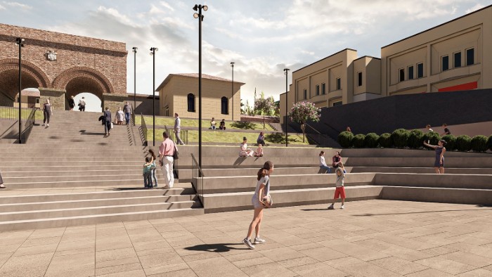 Progetto di riqualificazione di Porta Santa Croce a Reggio Emilia: rendering della piazza ipogea alla fine di via Roma