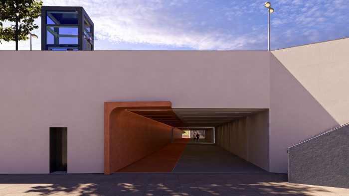 Progetto di riqualificazione di Porta Santa Croce a Reggio Emilia: rendering dell'accesso al sottopasso da via Roma