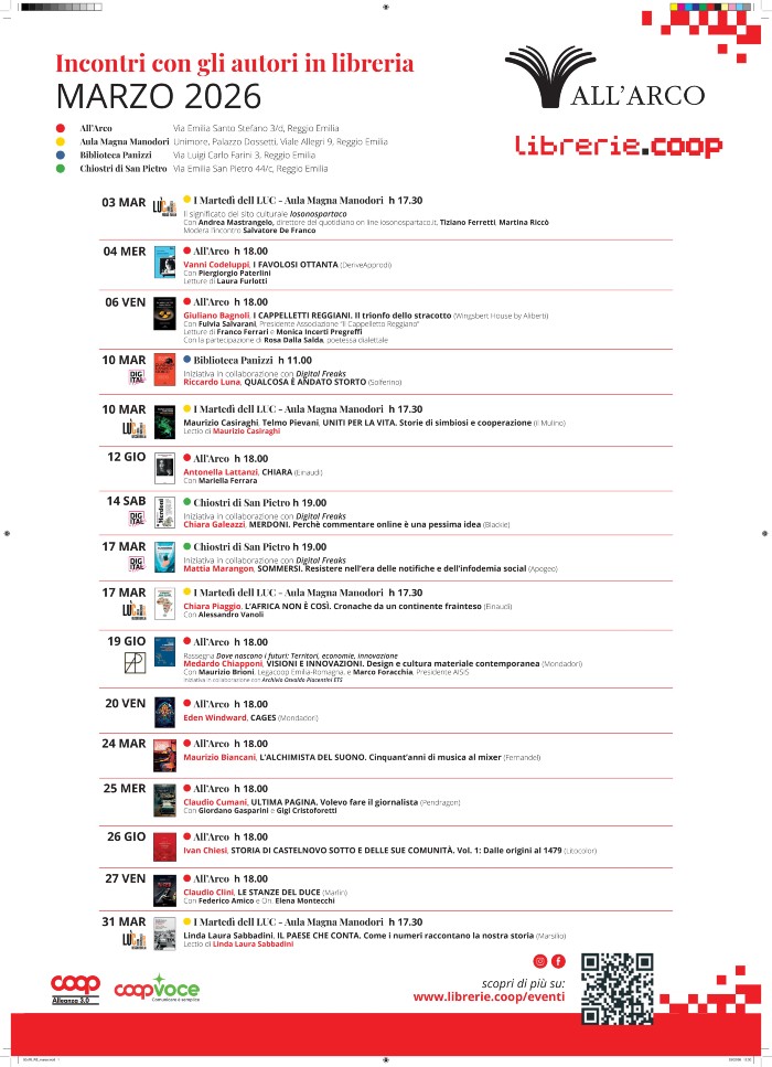 Il calendario degli eventi di marzo 2026 alla libreria all'Arco di Reggio Emilia