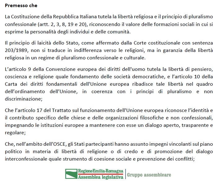 La premessa della risoluzione Fornili sul dialogo interreligioso