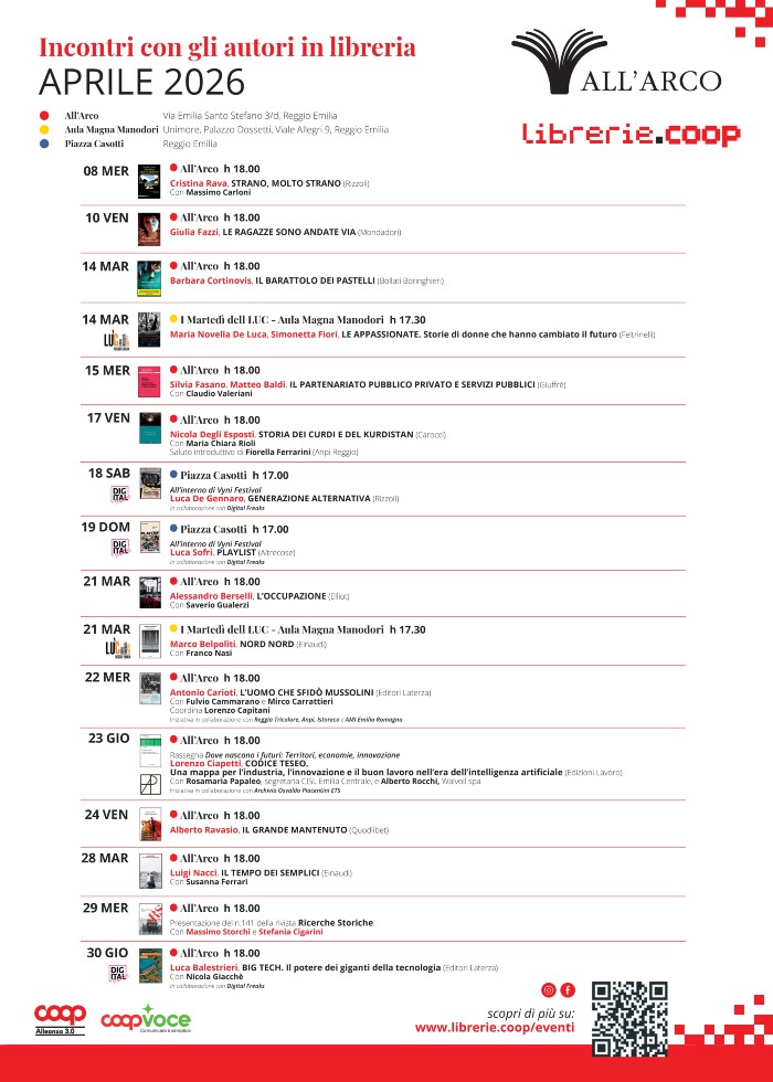 Il programma degli incontri di aprile 2026 alla libreria All'Arco di Reggio Emilia