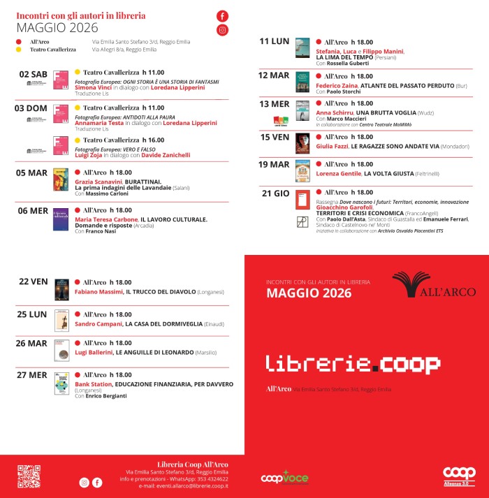 Il programma degli eventi della Libreria all'Arco di Reggio Emilia - maggio 2026