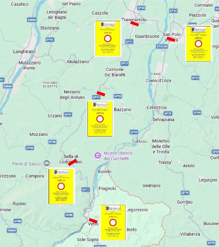 La mappa delle chiusure per lavori sulla strada provinciale Sp10 a Vetto