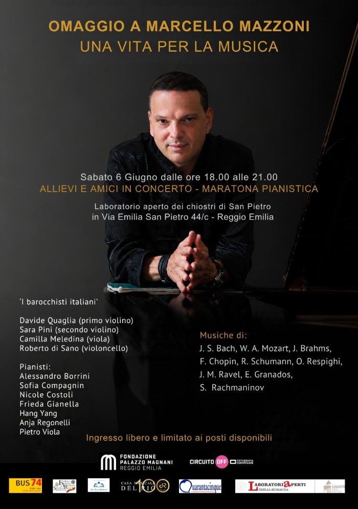 La locandina dell'evento "Una vita per la musica - Omaggio a Marcello Mazzoni"