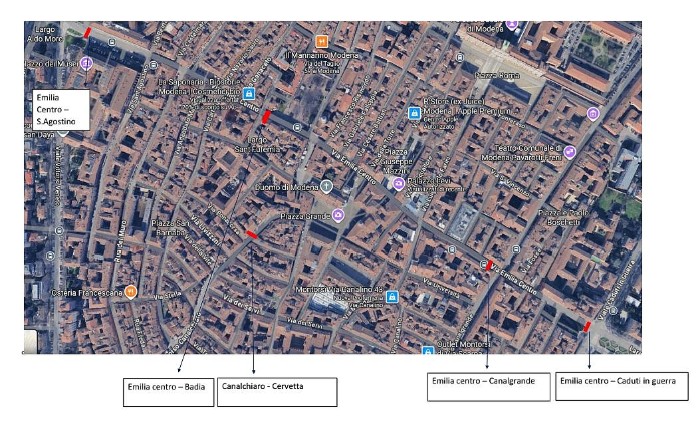 La mappa con la posizione dei dissuasori di cemento nel centro storico di Modena
