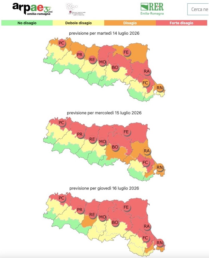 Previsioni del disagio bioclimatico in Emilia-Romagna 14-16 luglio 