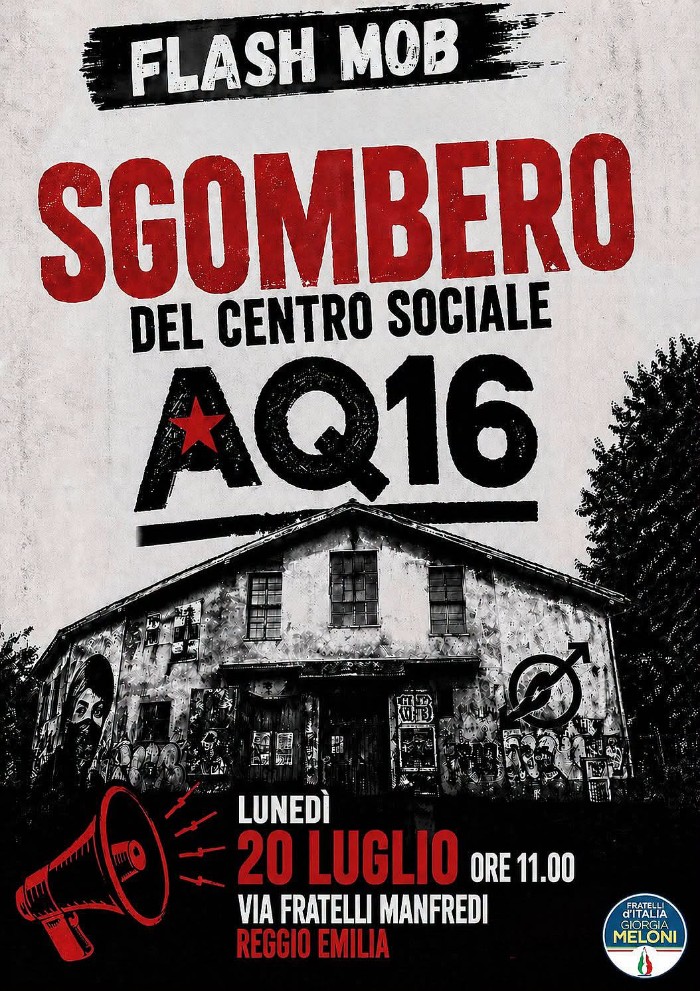 La locandina del flash mob per lo sgombero del centro sociale AQ16