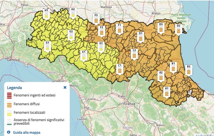 La mappa dell'allerta meteo arancione per temporali in Emilia-Romagna - 21 luglio 2026