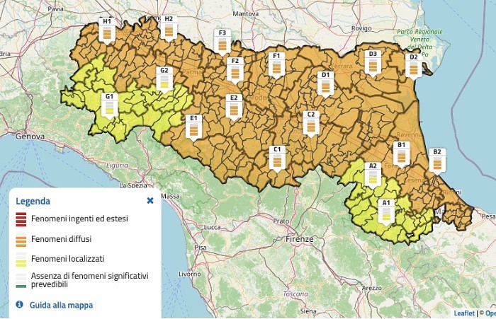 La mappa dell'allerta meteo arancione per temporali in Emilia-Romagna - 15 luglio 2026