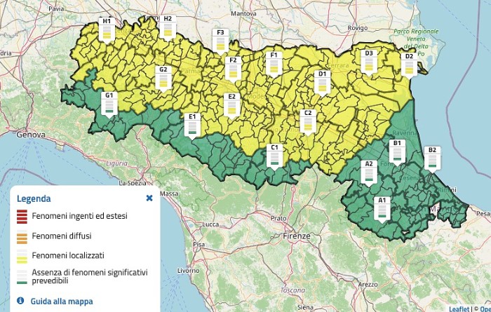 La mappa dell'allerta meteo gialla in Emilia-Romagna per temperature estreme - 1 agosto 2026