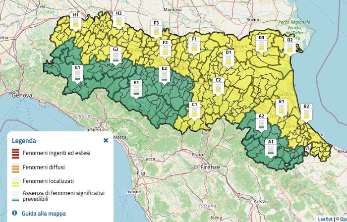 La mappa dell'allerta meteo gialla per temporali in Emilia-Romagna - 21 luglio 2026