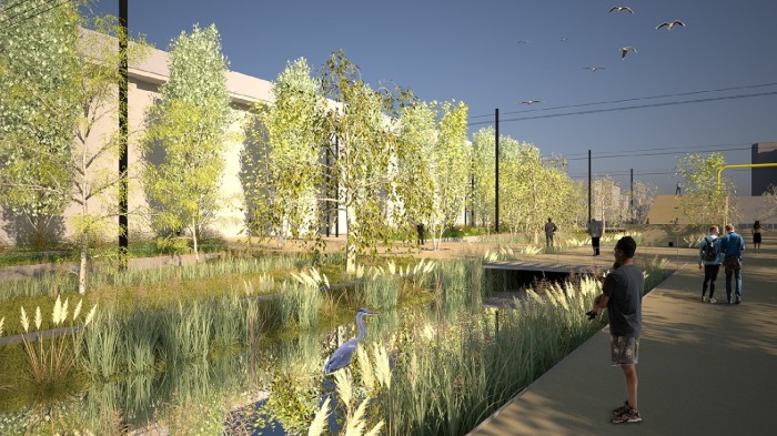 Il rendering del progetto delle Ramblas al Parco Innovazione di Reggio Emilia - laghetto