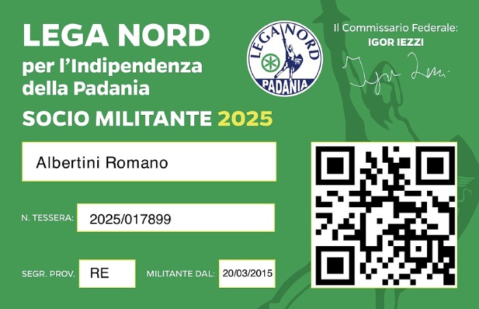 La tessera da militante Lega Nord 2025 di Romano Albertini