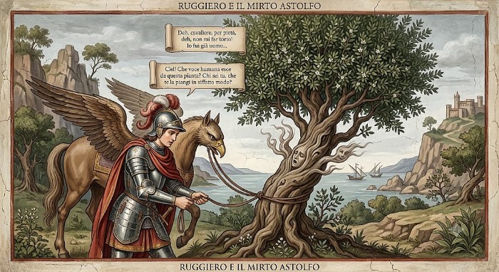 Ruggiero mentre lega il suo cavallo al paladino Astolfo trasformato in pianta di mirto