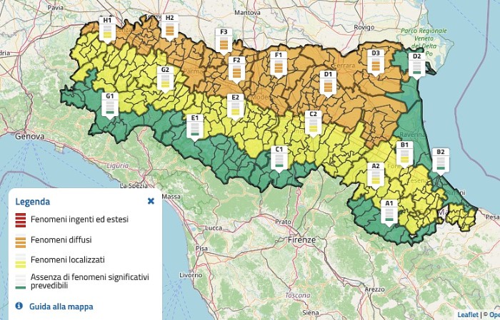 La mappa dell'allerta meteo arancione per temperature estreme in Emilia-Romagna - 5 agosto 2026