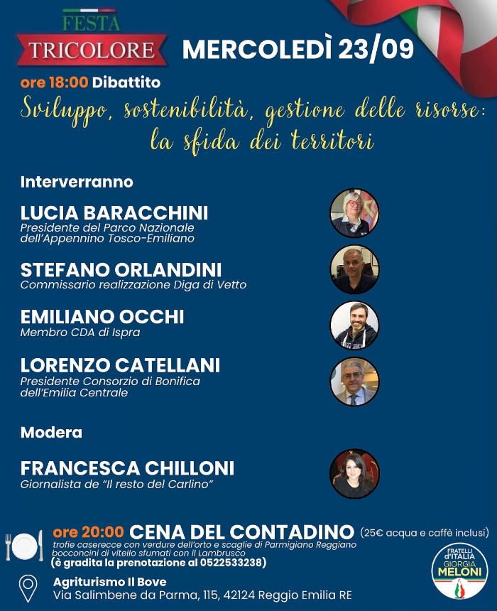 La Festa Tricolore 2026 di Fratelli d’Italia a Reggio Emilia: il programma di mercoledì 23 settembre