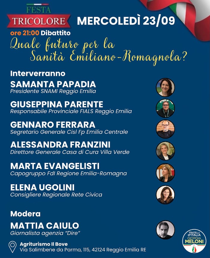 La Festa Tricolore 2026 di Fratelli d’Italia a Reggio Emilia: il programma di mercoledì 23 settembre