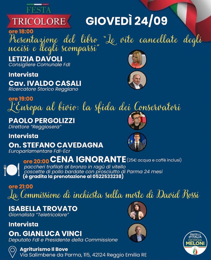 La Festa Tricolore 2026 di Fratelli d’Italia a Reggio Emilia: il programma di giovedì 24 settembre