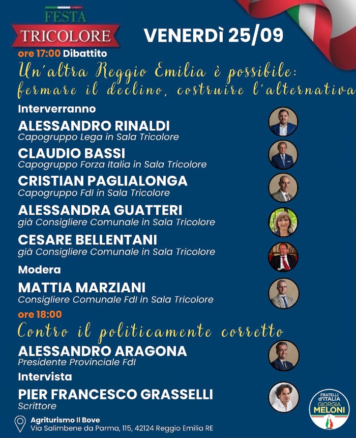 La Festa Tricolore 2026 di Fratelli d’Italia a Reggio Emilia: il programma di venerdì 25 settembre