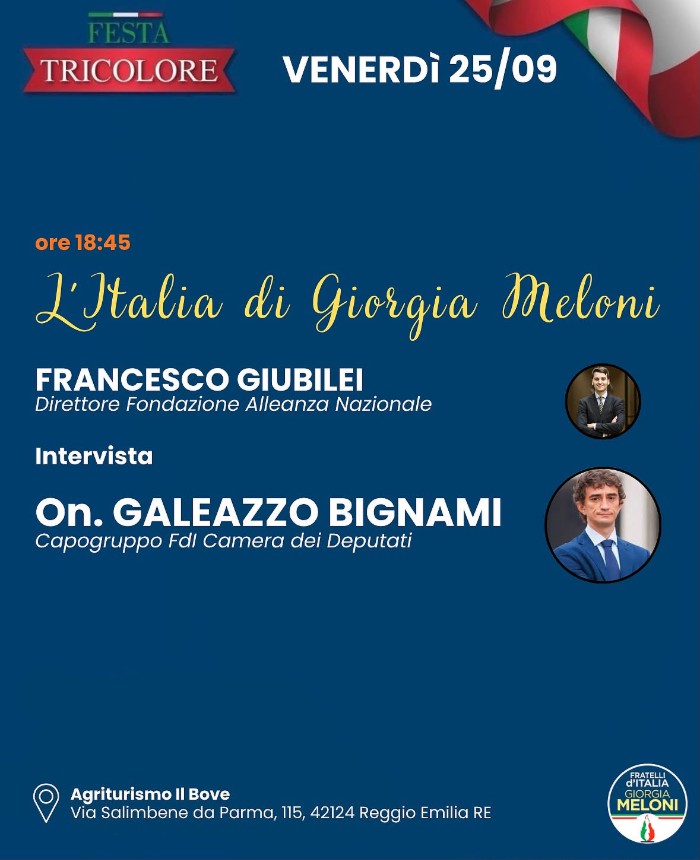 La Festa Tricolore 2026 di Fratelli d’Italia a Reggio Emilia: il programma di venerdì 25 settembre