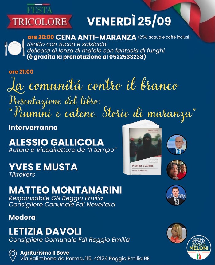 La Festa Tricolore 2026 di Fratelli d’Italia a Reggio Emilia: il programma di venerdì 25 settembre