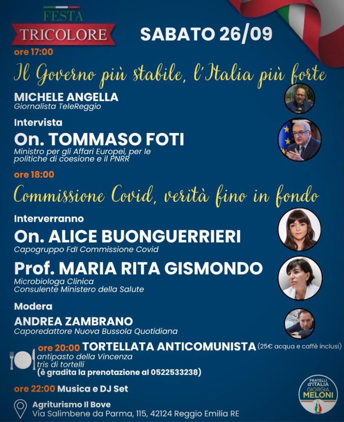 La Festa Tricolore 2026 di Fratelli d’Italia a Reggio Emilia: il programma di sabato 26 settembre