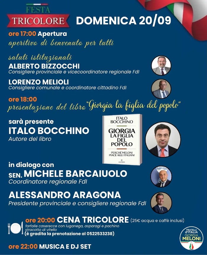 La locandina della Festa Tricolore 2026 di Fratelli d'Italia Reggio Emilia - programma 20 settembre 