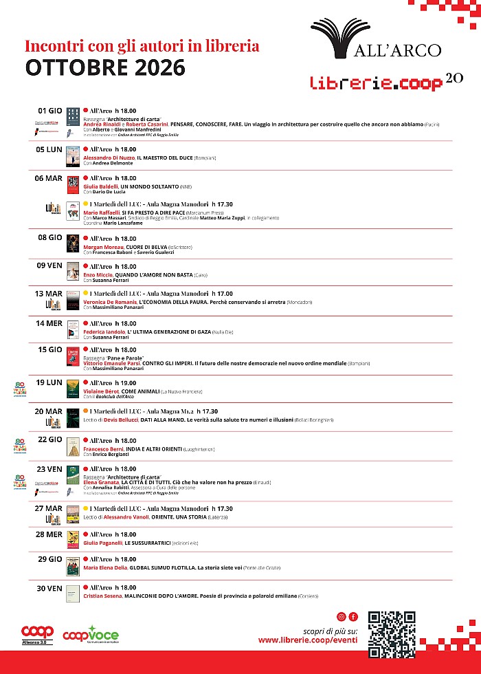 Il programma di eventi di ottobre alla libreria all'Arco di Reggio Emilia