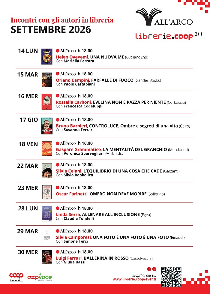 Il programma degli incontri alla libreria all'Arco di Reggio Emilia - settembre 2026