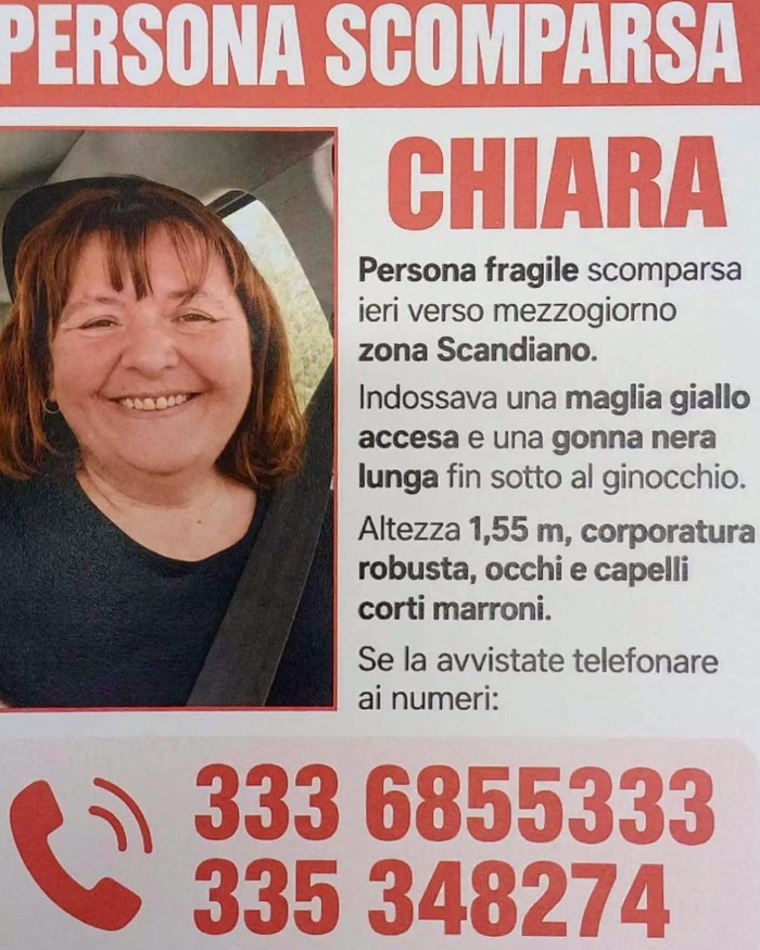 Il volantino per Chiara Cappelli, persona scomparsa a Scandiano