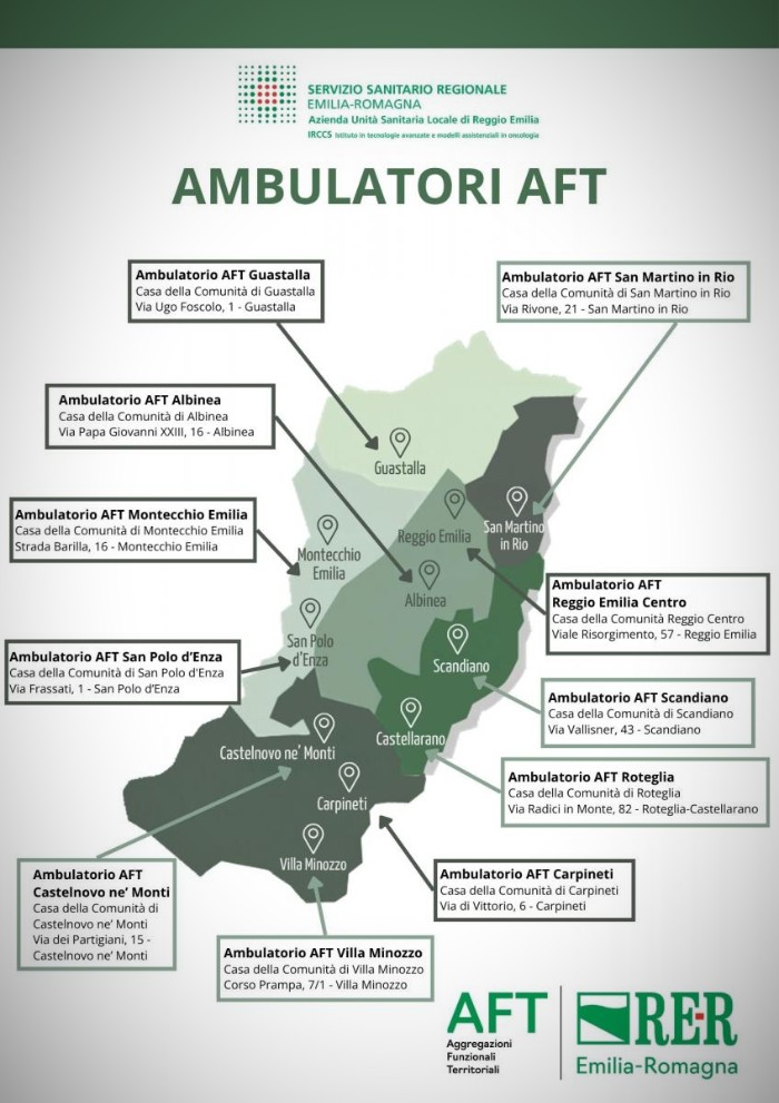 La mappa degli ambulatori Aft in provincia di Reggio Emilia