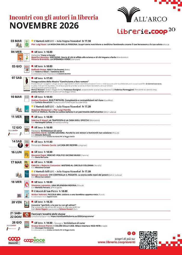 Il programma della libreria all'Arco di Reggio Emilia - novembre 2026