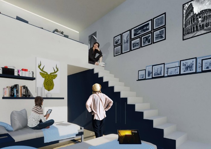 Il rendering dello studentato nella palazzina M delle ex Officine Meccaniche Reggiane di Reggio Emilia